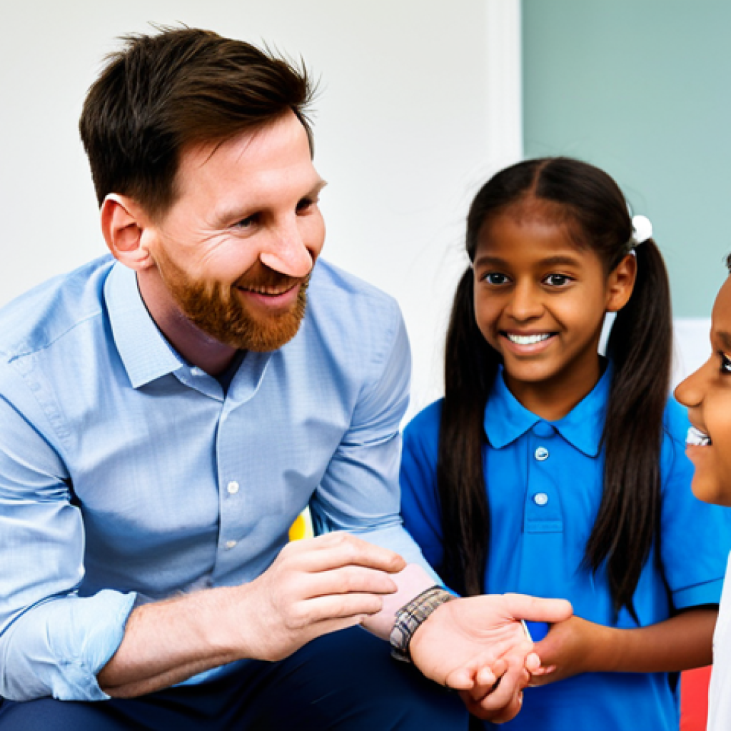 A professional, compassionate Lionel Messi, fully clothed in a modest collared shirt and professional trousers, interacting respectfully with a group of diverse children in a brightly lit, modern pediatric hospital playroom. Children are happily engaged in drawing and playing with educational toys. The room is clean and safe, with colorful, age-appropriate decorations. Messi is smiling gently, showing genuine care. Perfect anatomy, correct proportions, natural pose, well-formed hands, proper finger count, natural body proportions. High quality professional photography, soft studio lighting, ultra-realistic, highly detailed, safe for work, appropriate content, fully clothed, family-friendly.