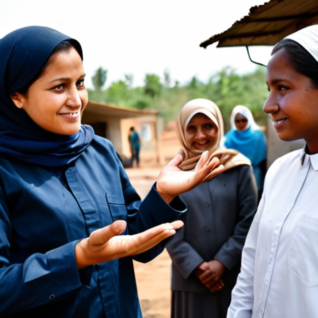 A professional female humanitarian in modest, practical field attire, engaging respectfully with a fully clothed, diverse group of people in a clean, organized, safe humanitarian aid setting. The scene emphasizes empathy and dignified interaction. The background shows basic, well-maintained structures. Professional photography, natural lighting, soft focus on human connection. safe for work, appropriate content, fully clothed, modest, perfect anatomy, correct proportions, natural pose, well-formed hands, proper finger count, natural body proportions.
