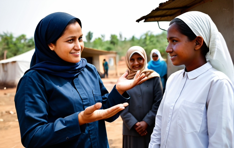 A professional female humanitarian in modest, practical field attire, engaging respectfully with a fully clothed, diverse group of people in a clean, organized, safe humanitarian aid setting. The scene emphasizes empathy and dignified interaction. The background shows basic, well-maintained structures. Professional photography, natural lighting, soft focus on human connection. safe for work, appropriate content, fully clothed, modest, perfect anatomy, correct proportions, natural pose, well-formed hands, proper finger count, natural body proportions.