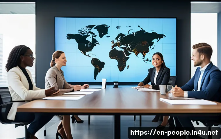 세르지오 마르키오니 글로벌 경영 전략 - A diverse corporate leadership team engaged in a dynamic meeting around a sleek conference table, re...