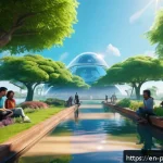 마크 저커버그 메타 플랫폼 - A vibrant virtual park scene featuring diverse lifelike avatars of various ethnicities and ages inte...