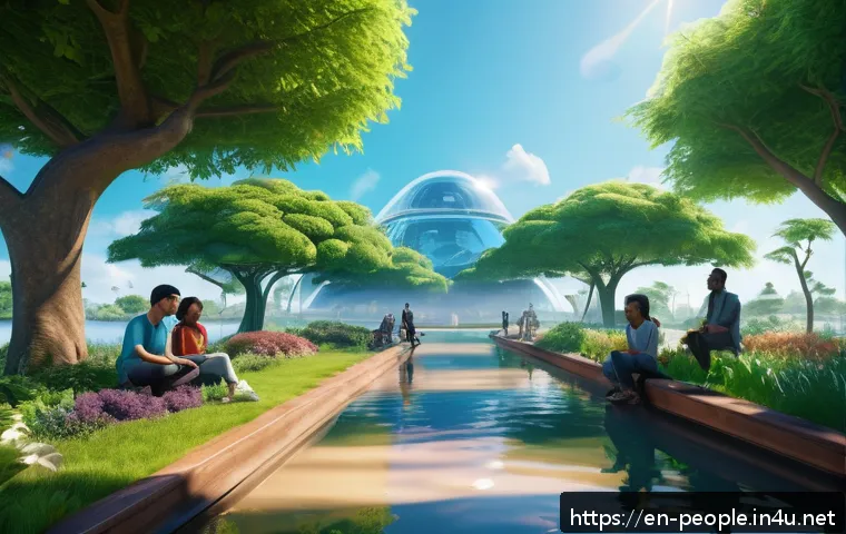 마크 저커버그 메타 플랫폼 - A vibrant virtual park scene featuring diverse lifelike avatars of various ethnicities and ages inte...