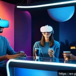 마크 저커버그 사회적 영향 - A vibrant virtual reality social lounge filled with diverse avatars engaging in lively conversation ...