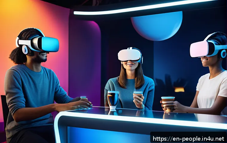 마크 저커버그 사회적 영향 - A vibrant virtual reality social lounge filled with diverse avatars engaging in lively conversation ...