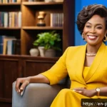 오프라 윈프리 미디어 제국 - A warm, inviting talk show set bathed in soft golden light, featuring a confident African American w...