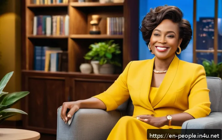 오프라 윈프리 미디어 제국 - A warm, inviting talk show set bathed in soft golden light, featuring a confident African American w...