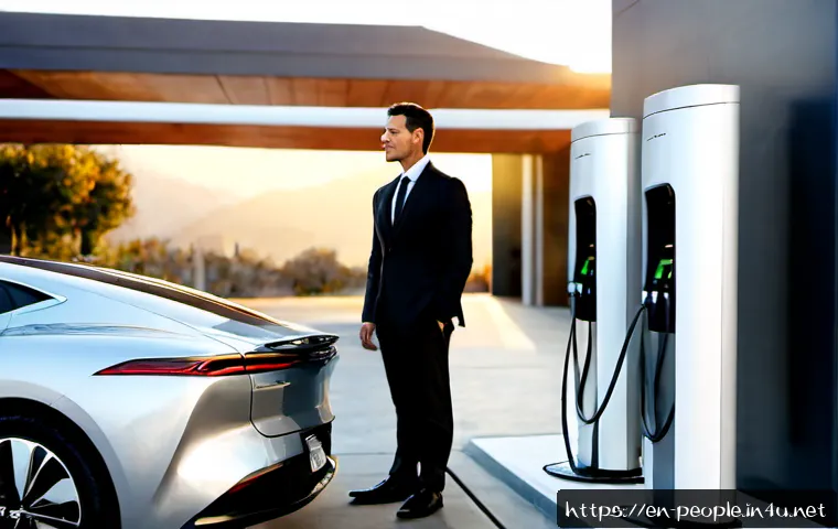 엘론 머스크 테슬라 전기차 - Photorealistic editorial-style scene of a visionary technology entrepreneur in a tailored dark suit ...