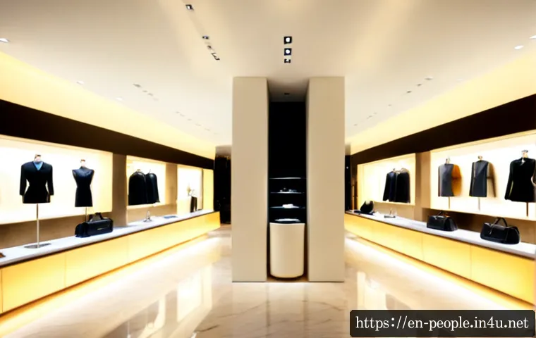 베르나르 아르노 고급 브랜드 - Photorealistic luxury fashion boutique interior inspired by a prestigious European high-end brand gr...