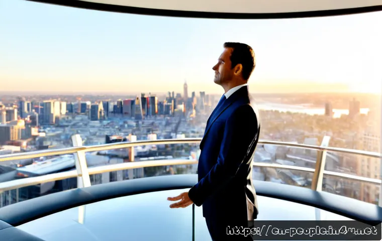 제프 베조스 CEO 리더십 - Photorealistic visionary technology CEO in a tailored navy business suit standing at the head of a m...