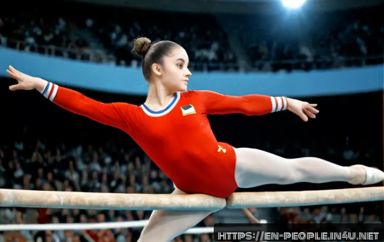 나디아 콤네치 운동 경력 - Photorealistic editorial-style scene of a young Romanian female artistic gymnast in a modest red-and...
